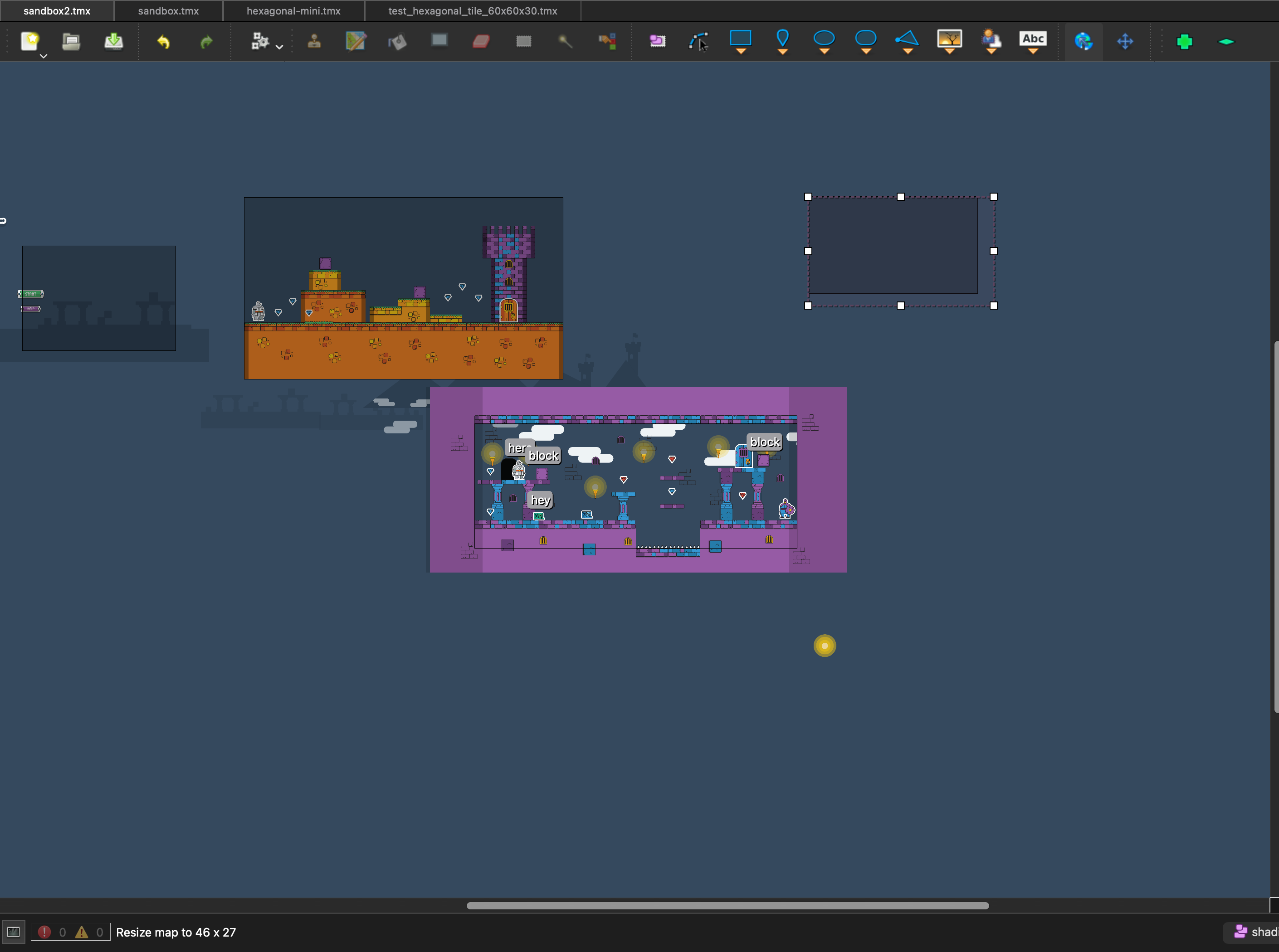 A new map selected in the world with resize handles on it, the status bar reading Resize map to 46 x 27