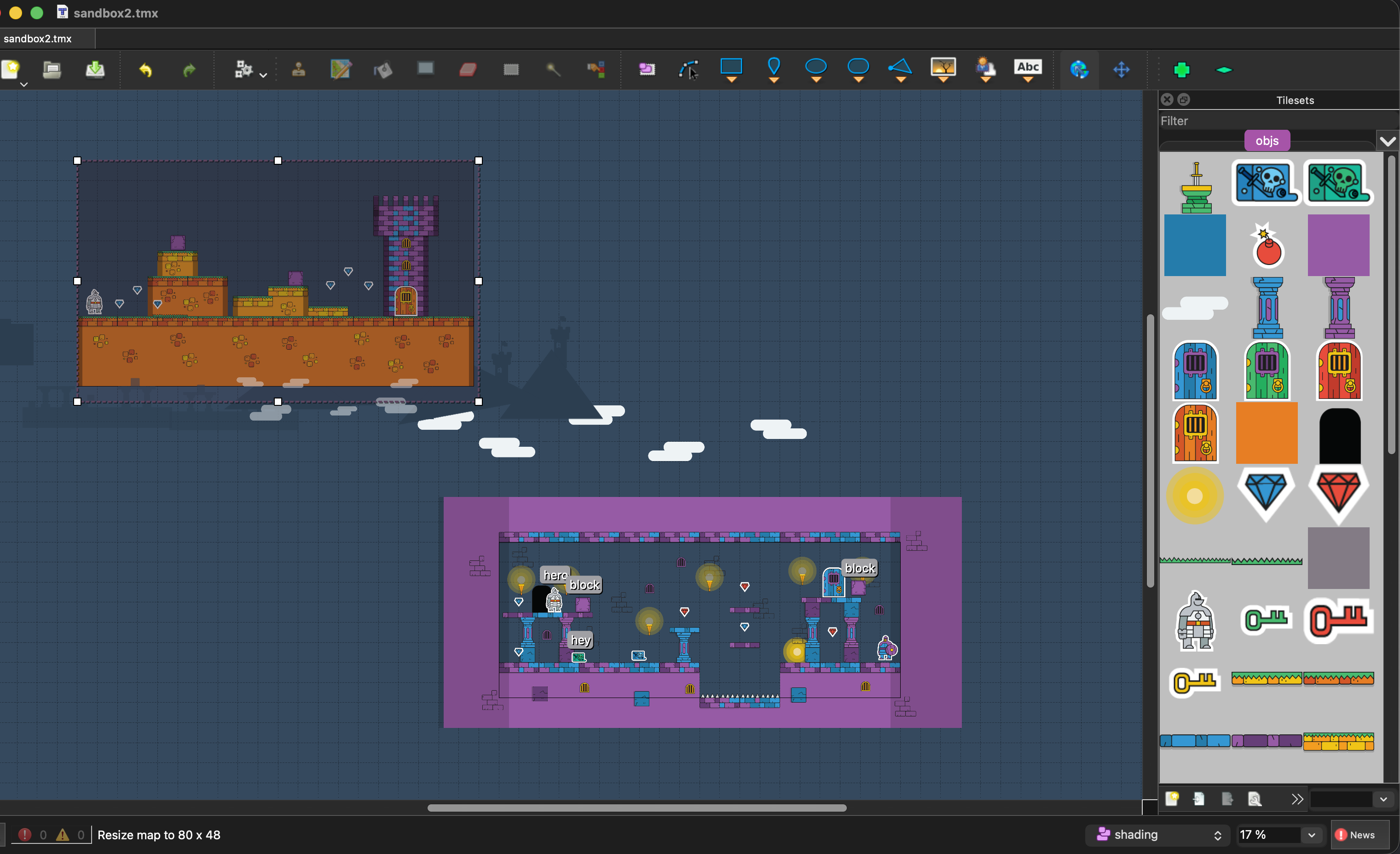 Resizing the top map in a world of two maps, with the status bar reading Resize map to 80 x 48